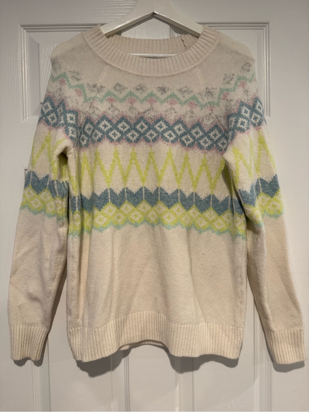 LOFT Cream Crewneck Sweater with Pastel Fair Isle Pattern